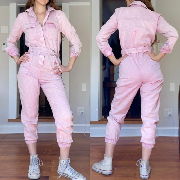 Wild Fable Boilersuit Jumpsuit Pink Long Sleeve Belted Jogger Button - Picture 1 of 12